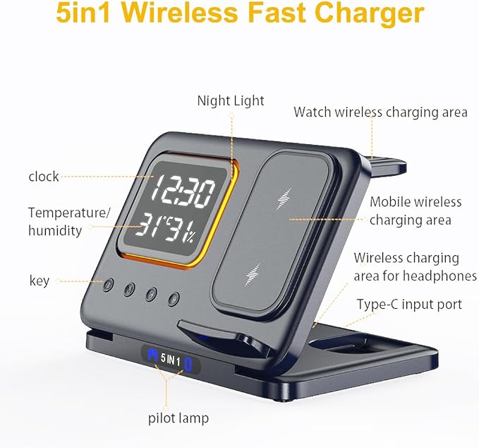 IHAO 3in1 Multifunctional Foldable Wireless Charging Station with LED Ambient Night Light Fast QC3.0 Charger for Phone iWatch Headphone Space-Saving Auto-Shutoff &amp Overcharge Protection-Black