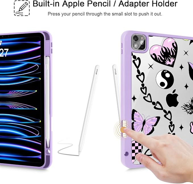 Case for iPad 12.9 Inch (6th/5th/4th/3rd Generation 2022/2021/2020/2018) Pencel Holder + Trifold Support Auto Sleep/Wake Transparent Shockproof Back Cover Abstract Floral SD163