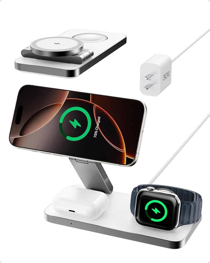 Intoval 3-in-1 Foldable Wireless Charging Station, Qi2 Certified 15W Ultra Fast Wireless Charger for Magsafe, Magnetic Charger Stand for iPhone 17/16/15/14/13/12, Apple Watch & AirPods. (White)