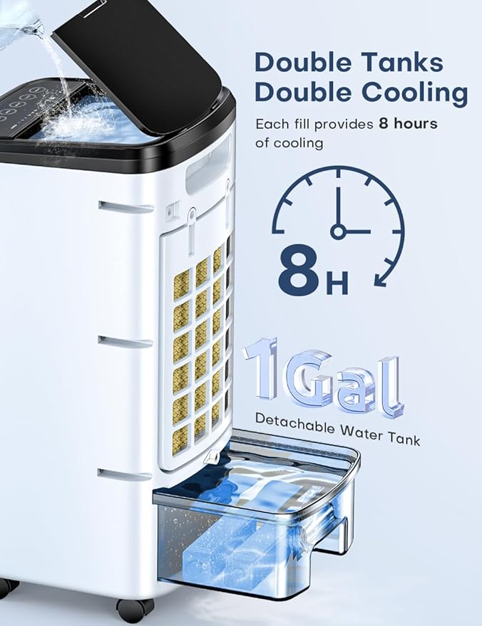 CENSTECH 4-IN-1 Portable Air Conditioners, Evaporative Air Cooler w/3Modes & 3Speeds, 12H Timer for Smart Auto-off, 1-Gal Tank for 15H Cooling, 26FT Remote, No Hose Needed, 70°Oscillating Swamp Cooler