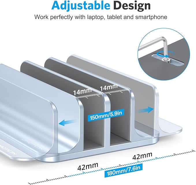 OMOTON Vertical Laptop Stand [Updated Double Version], Desktop Aluminum Mac Book Stand with Adjustable Dock Size, Fits All Mac Book, Surface, Chrome Book and Gaming Laptops (Up to 17.3") (Sky Blue)