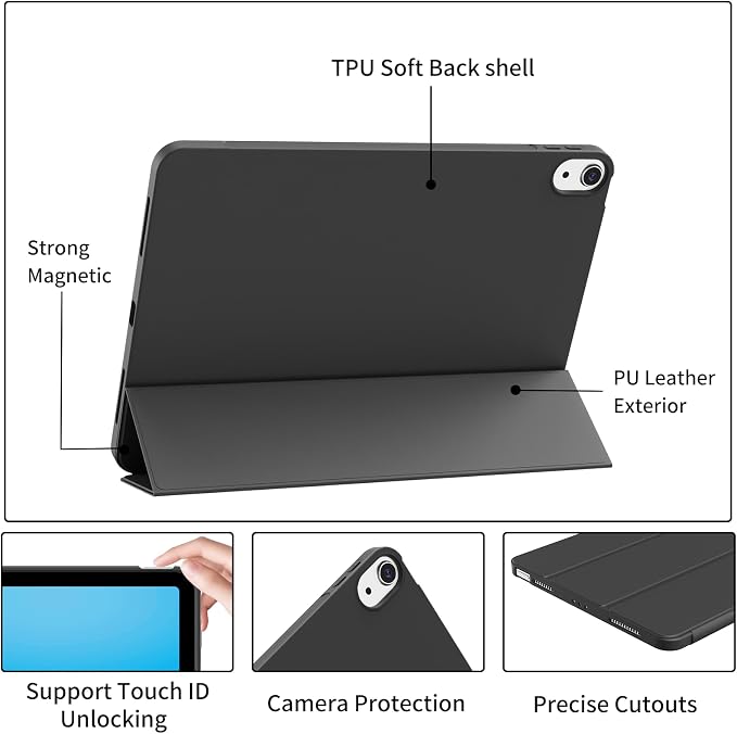 Case for iPad Air 11 Inch M4/M3/M2 iPad Air 5th/4th Gen 10.9 Inch | Soft TPU Back Shell &amp Slim Trifold Stand Cover without Pencil Holder Support Pencil Charging Auto Wake/Sleep Black