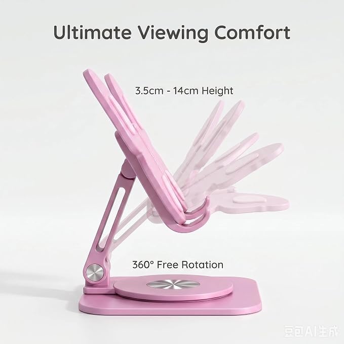 Butterfly Cell Phone Stand for Desk Aluminum Alloy 360° Rotating Phone Holder Height &amp Angle Adjustable Foldable Desktop Dock Universal Anti-Slip for Smartphones Tablets Home Office Travel