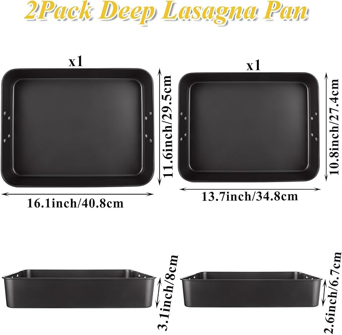 CYEAH 2 Pack Deep Lasagna Pan Set, 13.7 and 16 Inch Nonstick Carbon Steel Baking Pans for Oven, 3 Inch Deep Rectangle Cake Pans with Handles for Lasagna, Brownies, Roasting and Casseroles, Black