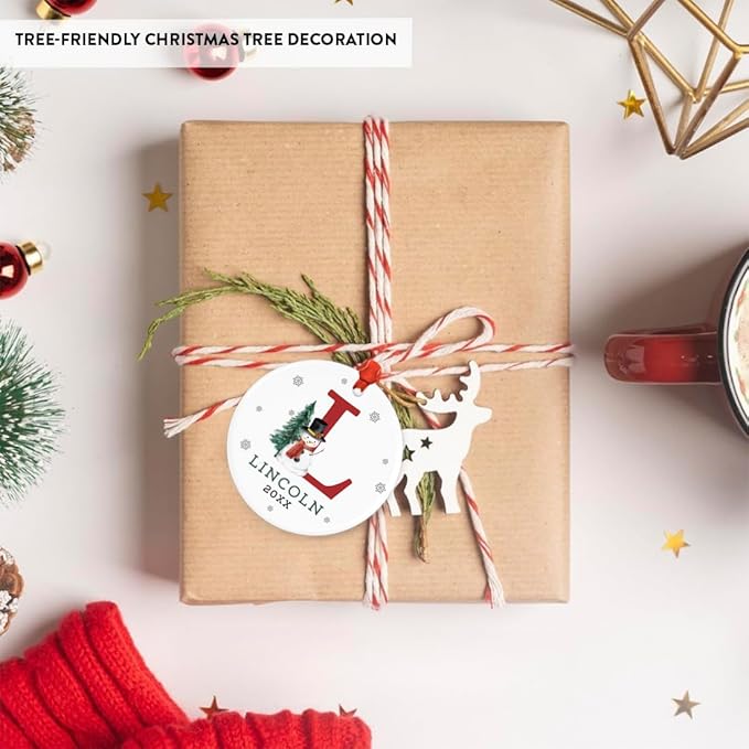 Andaz Press Personalized Ornament, Custom Name, Initial L Monogram Snowman 2.8" Ceramic Porcelain 2025 Christmas Ornament Keepsake for Kids, Boys, Girls, Includes Gold Ribbon & Gift Box, 1-Pack