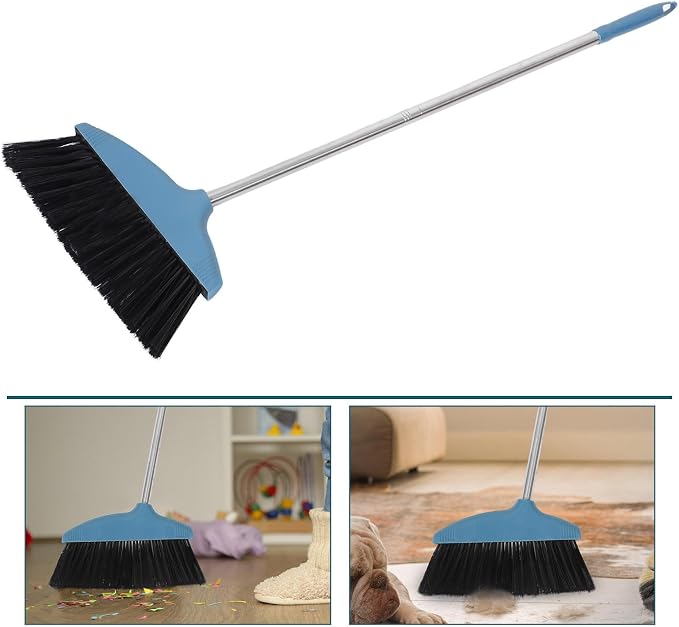 BESPORTBLE Soft Bristle Broom Dustpan Set Blue Floor Sweeping Broom Non-Stick
