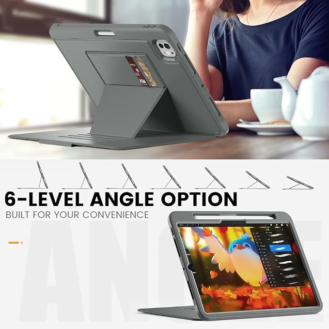 for iPad Pro 11 inch Protective Case M5 2025/M4 2024: Heavy Duty Shockproof Case with Pencil Holder - 360°Rotating Handle/Stand - Screen Protector - Shoulder Strap Black/Sky Blue