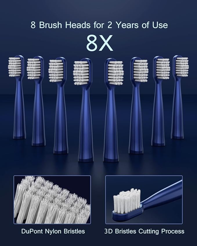 AJELU IPX7 Waterproof Sonicare Electric Toothbrush, 2-Hour Fast Charge with Intelligent Time Reminder, 5 Modes, 8 Brush Heads, Travel, Indoor, Outdoor, Blue