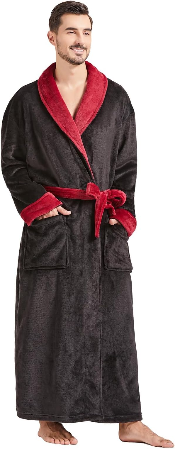 FashGudim Mens Robes Big and Tall Full Length Plush Fleece Long Robe for Men Bathrobe Shawl Collar Warm Winter House Robes