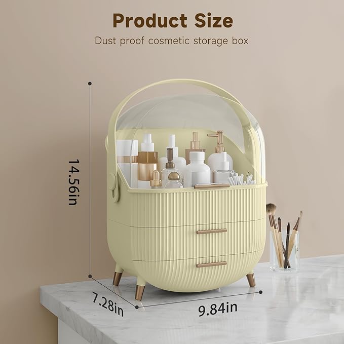 Makeup Organizers, Make Up Organizers for Vanity, Countertop Cosmetic Storage with Drawers and Transparent Cover for Bedroom Bathroom (Maize-yellow)
