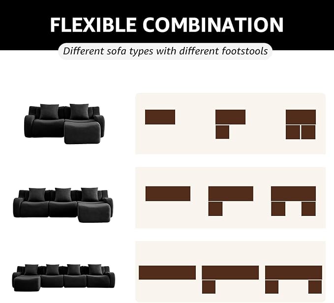 Black 4-Seater Cloud Couch, Modern Teddy Fabric Boneless Sectional Sofa in a Box for Living Room, Modular Floor Couch, Comfortable Deep Seat, No Assembly Required, Sofas para Sala