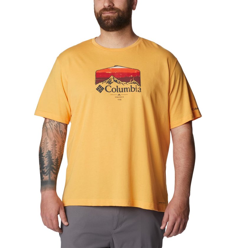 Columbia Men's Thistletown Hills Graphic Short Sleeve, Mango Heather/Hikers Graphic, 4X Big