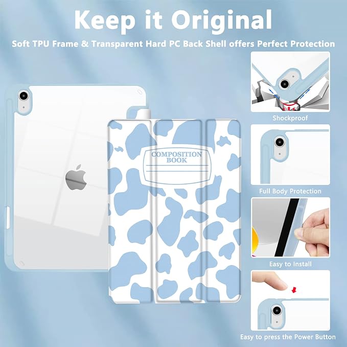 Hybrid Slim Case for iPad 11th (A16) 11-inch 2025 / iPad 10th Generation 10.9-inch 2022 - Shockproof Cover with Clear Transparent Back Shell [Pencil Holder Auto Sleep/Wake] Blue Cow