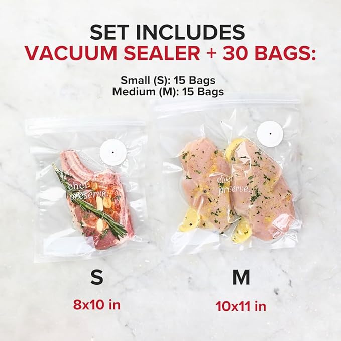 Chef Preserve Compact Vacuum Sealer for Food (Vacuum Sealer Machine + 30 Reusable Vacuum Bags) Powerful Handheld Vacuum Sealer Machine, Seal Meal Saver, Portable Food Sealer