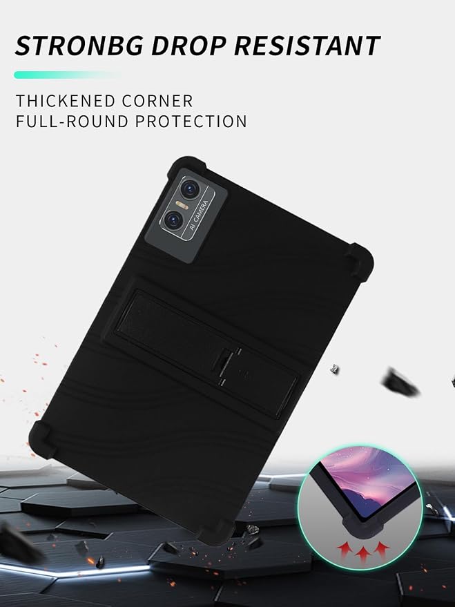 Case for DOMATON D105 Android 14 Tablet 2025 Tablets 10 inch，WUNIAK Shock Proof Lightweight Stand Rubber Shell Protective CoverKids Friendly Soft Silicone Adjustable Stand CoverBlack