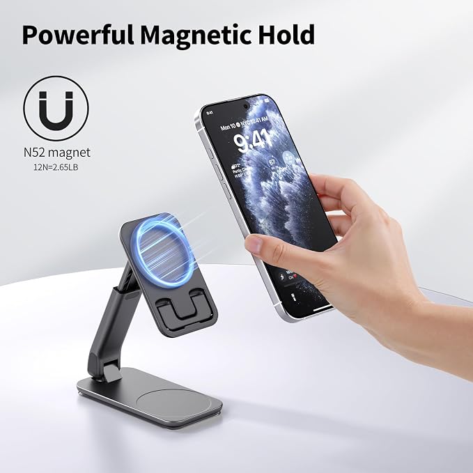 iWALK Magnetic Cell Phone Stand for Desk Angle and Height Adjustable Mobile Phone Holder Foldable Magnet Stand for iPhone 17 16 15 14 13 12 Pro Max and iPad Cell Phone Holder for Samsung Black