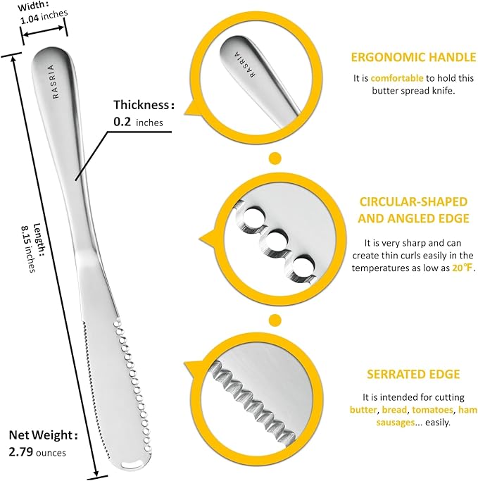 RASRIA 3-in-1 Stainless Steel Butter Knife for Cold & Hard Butter – Butter Spreader, Curler & Slicer with Crescent Hole