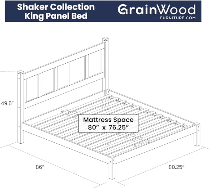 Grain Wood Furniture Shaker Solid Wood Panel Platform Bed, King Size, Natural