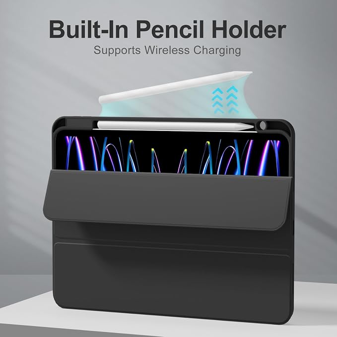 Case for iPad Pro 11 Inch 4th/3rd/2nd Generation 2022/2021/2020 | Slim Soft TPU Back Cover with Pencil Holder Three-Stage Folding Support Pencil Charging Auto Sleep/Wake Black