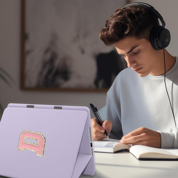 for iPad 9th Generation 10.2 Inch 2021/2020/2019 Case Initial Chenille Letter Suture Personalized for iPad 9th/8th/7th Generation Case with Auto Sleep/Wake Pencil Holder (Black A)
