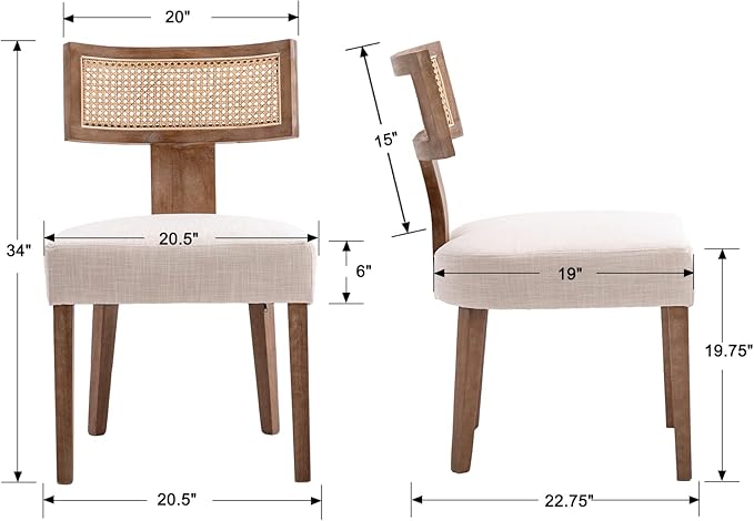 Rattan Dining Chairs Set of 4, Mid Century Modern Dining Chair Upholstered Linen Fabric Kitchen Side Chair, Modern Kitchen Armless Solid Wood Dining Chairs, Beige