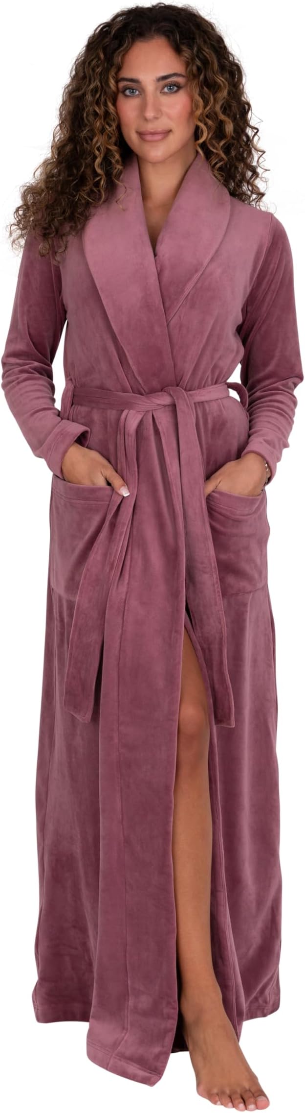 Be Relax Terry Velour Robe - Made of Polyester, Shawl Collar Robe with Belt & Side Pockets, Soft & Warm Bathrobe for Women