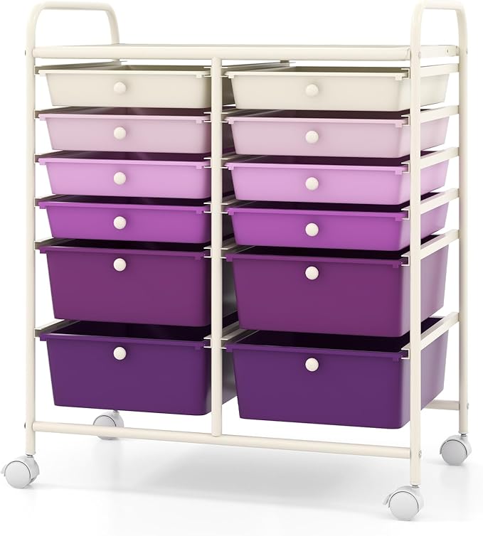 COSTWAY 12-Drawer Rolling Storage Cart, Moveable Art Craft Organizer W/Lockable Wheels, Metal Shelf, Files Arrangement Tools Makeup Storage Cart for Office, Home, School, Purple Gradient