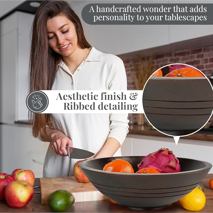 Folkulture Wooden Fruit Bowl for Kitchen Counter | 11" Large Premium Eco Friendly Banana Fruit Basket for Kitchen | Mango Wood Bowl, Black Fruit Bowl for Table Decor, Centerpiece for Dining