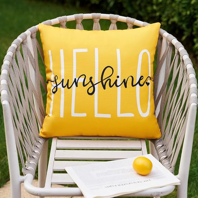 DFXSZ Outdoor Pillow Covers 16x16 Inch Set of 2 Hello Sunshine Decor Yellow Waterproof Summer Outdoor Waterproof Pillow Covers Decor for Patio Funiture Garden Sofa Couch 020B16