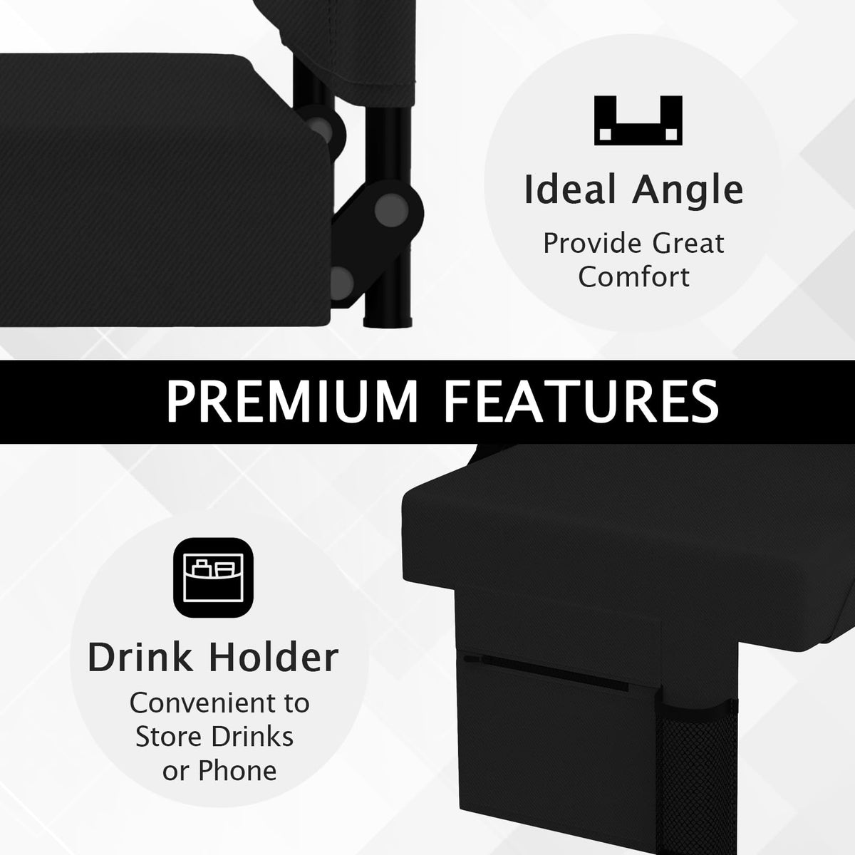 ACIPENSER 2pcs Stadium Seat for Bleachers with Back Support，Portable Bleacher Chairs with Back and Cushion，Includes Shoulder Strap and Cup Holder,Black