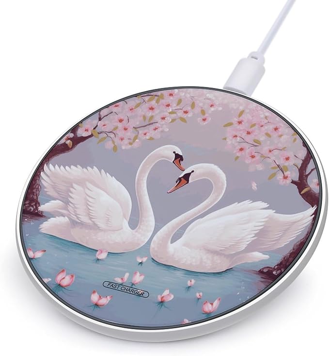 White Swans with Pink Floral Tree Wireless Charger 10W Qi-Certified Fast Wireless Charging Pad with USB Cable &amp LED Indicator Fashion Charger Mat Portable Charging Station for All Qi-Enabled Phon