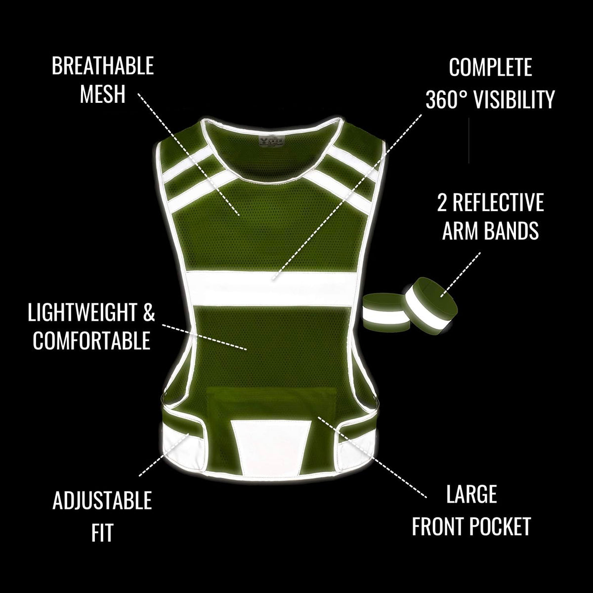 Mesh Safety Vest with Pocket & 2 Wrist Bands, High-Visibility Running Vest