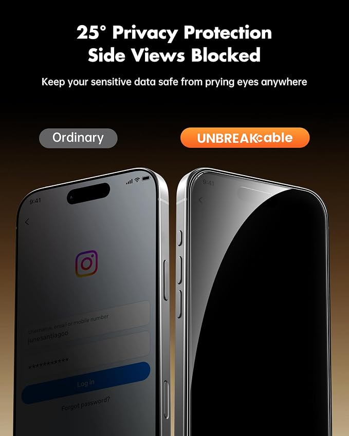 UNBREAKcable Privacy Screen Protector for iPhone 15 (6.1) 25° Anti-Spy Tempered Glass Easy Install Alignment Frame Case-Friendly 9H Hardness Anti-Fingerprint 3-Pack