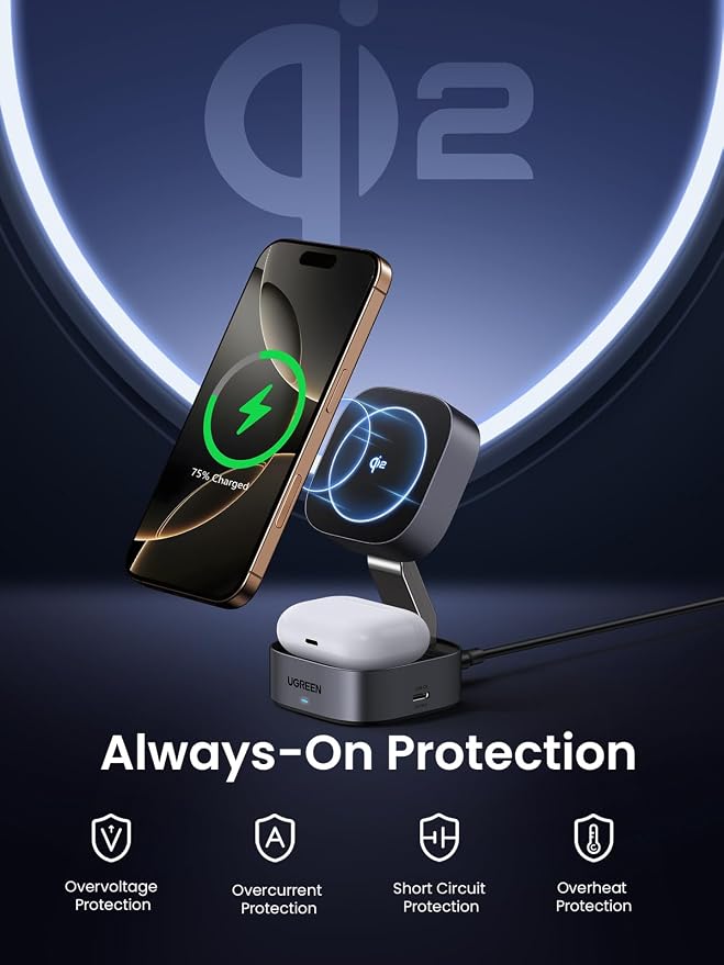 UGREEN MagFlow Qi2 15W 2-in-1 Foldable Wireless Charging Station | Foldable Travel Design Adjustable Viewing Wireless Charger for iPhone 12-17 Series and AirPods Adapter Not Included