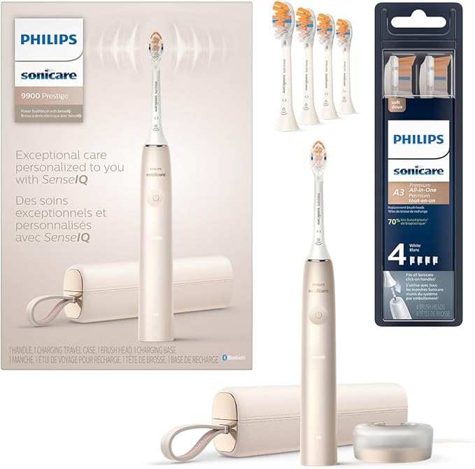 Philips Sonicare DiamondClean Prestige 9900 Rechargeable Electric Toothbrush with SenseIQ, 5 Premium All-in-One Brush Heads, Plaque Removal, Gum Care, Whitening, Champagne, BD9001AZ