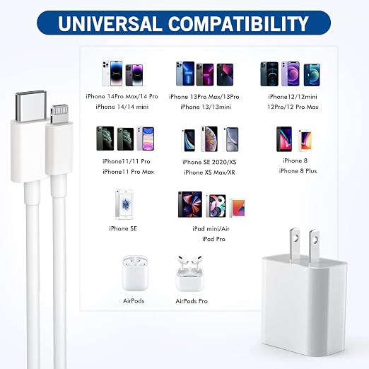 Fast iPhone Charger [MFi Certified] 2Pack 10FT Extra Long Quick USB C to Lightning Cable Cords + 20W PD USB C Charger Block Fast iPhone Charging Adapter for iPhone 14 Pro Max/Plus/13/12/11/XS/XR/X/SE