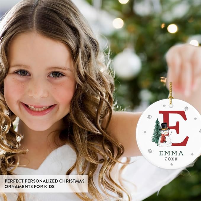 Andaz Press Personalized Christmas Ornament, Custom Name, Initial E Monogram Snowman 2.8" Ceramic Porcelain 2025 Christmas Ornament Keepsake for Kids, Boys, Girls, 1-Pack Initial Ornaments