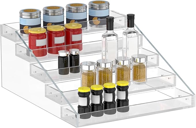 PMMASTO Widen Tiered Spice Rack, Seasoning Organizer, Clear Acrylic Vertical Shelves Can Organizer for Countertop, Cabinet, Pantry, Kitchen Organization and Storage - 5 Tier