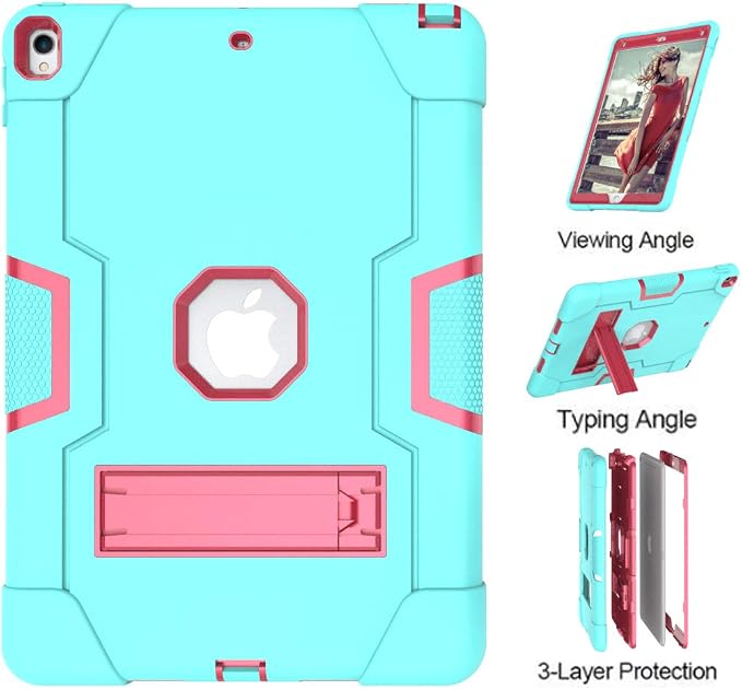 Dteck for iPad Air 3rd Gen (2019) / iPad Pro (2017) Case 10.5 Shockproof Protective Case with Kickstand Hard Plastic Shell 3-Layer Protection Drop Proof Sturdy Rugged Tablet Cover (Aqua+Rose)