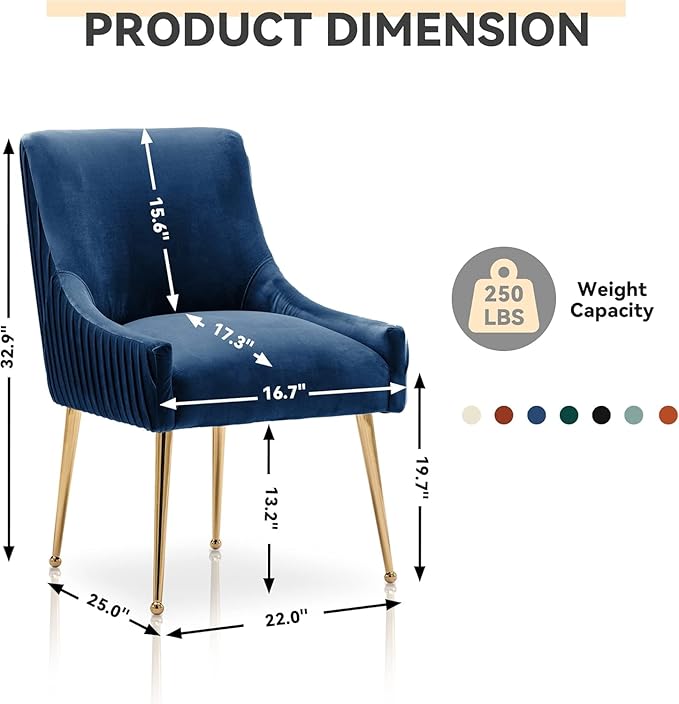 Dining Chairs, Accent Chairs Set of 4, Modern Upholstered Kitchen Dining Chairs with Gold Legs, Fabric Tufted Velvet Living Room Chairs for Reception Room Bedroom Kitchen(Navy Blue)