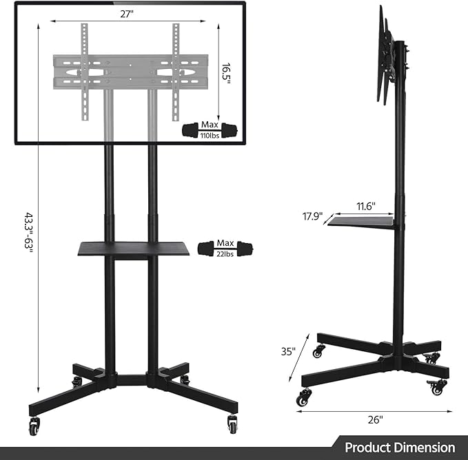 Yaheetech Mobile TV Stand with Wheels for 32-75 Inch LCD LED Screens TVs, Height-Adjustable Rolling TV Cart Hold up to 110 lbs, Trolley Floor Stand w/Tray, Max VESA 600x400mm