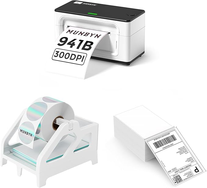 MUNBYN Bluetooth Thermal Label Printer 941B+Thermal Direct Shipping Label (Pack of 500 4x6 Fan-Fold Labels)+White Label Holder