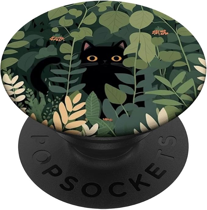Aesthetic Cute Black Cat Hiding in Botanical Garden PopSockets Adhesive PopGrip