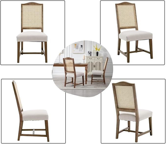 EALSON Rattan Dining Chairs Set of 4 Mid Century Modern Linen Upholstered Fabric Dining Room Chairs with Cane Back and Natural Wood Legs for Kitchen/Restaurant, Beige