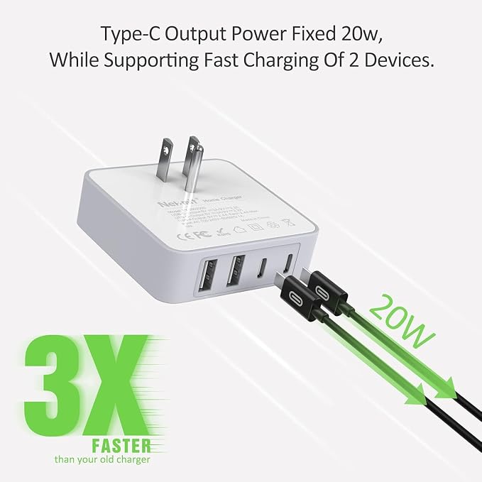 Nekmit USB C Charger Fast Thin Flat 52W 4-Port Wall Charger with Two 20W Power Delivery and 2 USB Port for iPhone 14/14 Pro/14 Pro Max Galaxy Pixel iPad Pro AirPods Pro and More Upgraded