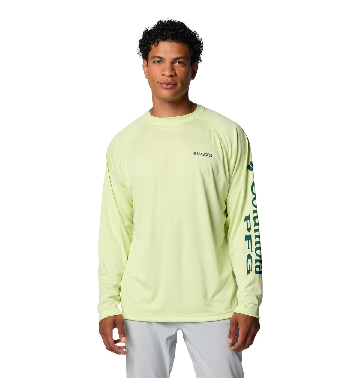 Columbia Men's Terminal Tackle Long Sleeve Shirt, Spring Yellow/Midnight Teal Logo, 5X Tall