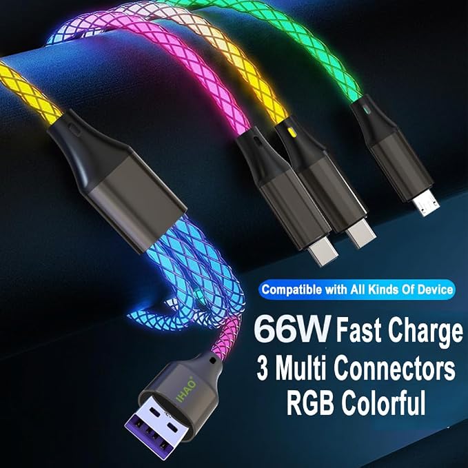 IHAO Multi Ports Charger Cable 3 Combinations in One Cable USB A to USB C/Micro USB PD Fast Charging Cord Lighted Up LED Flowing Compatible with Almost All Kinds of Electric Device-39Inches Blue