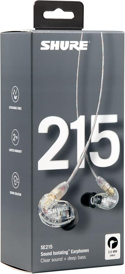 Shure SE215 PRO Sound Isolating Wired Earbuds - Black | Professional in-ear monitors with deep bass single dynamic driver secure fit detachable cable and carrying case