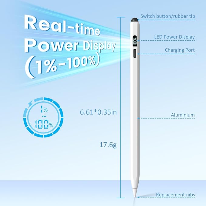 DIGIROOT iPad Apple Pencil 2025-2018 LED Power Display Stylus Pen for iPad | 3X Fast Charge Compatible for iPad A16 11/10/9/8/7/6 Pro 11/12.9/13''/M4 Air M3/M2/5/4/3 Mini 7/6/5