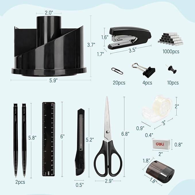 deli Office Supplies Set, 1045 Pcs-Desk Accessory Organizer Kit, Stapler Set, Rotating Multi-Functional Pen Holder, Tape Dispenser, Pens, Binder Clips, Sharpener, Scissor, Eraser, Black